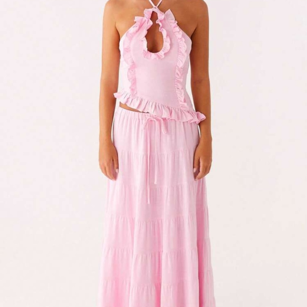 Pink Halter Maxi Set with Ruffle Details